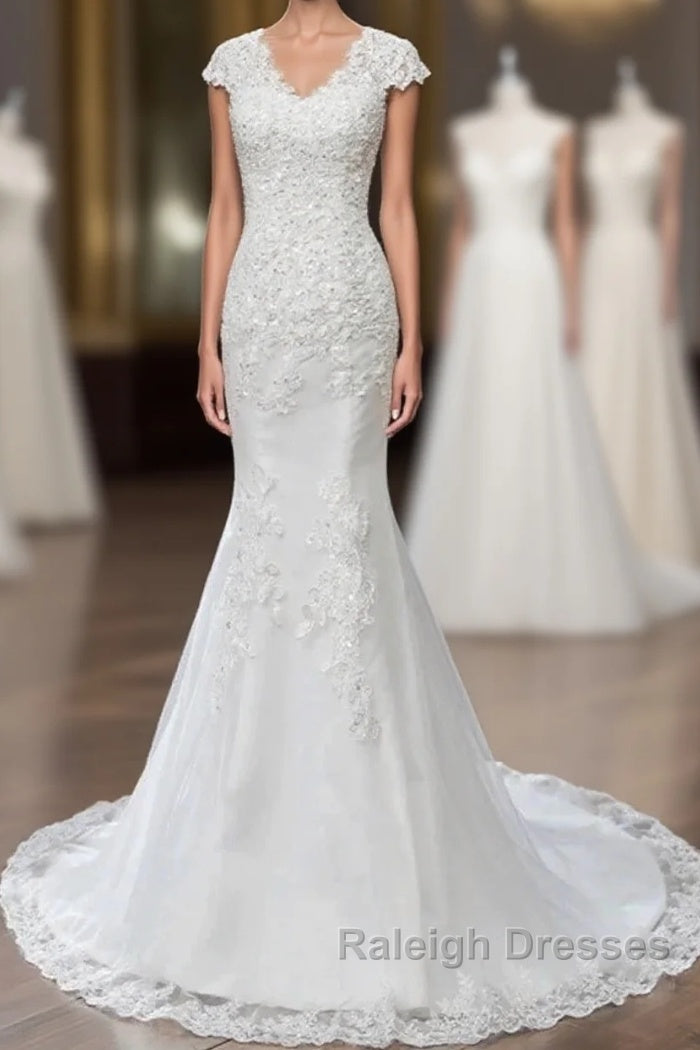 Lace V-Neck Cap Sleeve Trumpet Wedding Dress