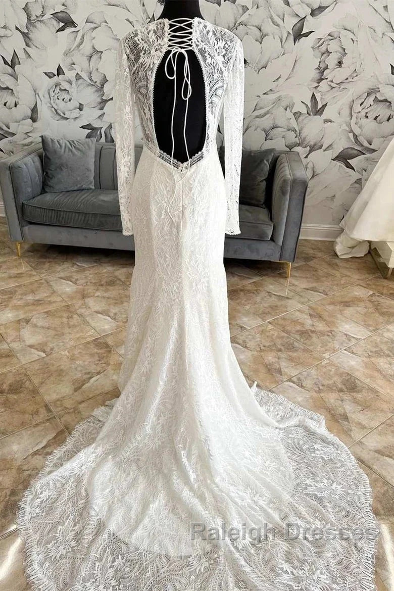 Lace V-Neck Lace-Up Back Long Sleeve Mermaid Wedding Dress Secondary image
