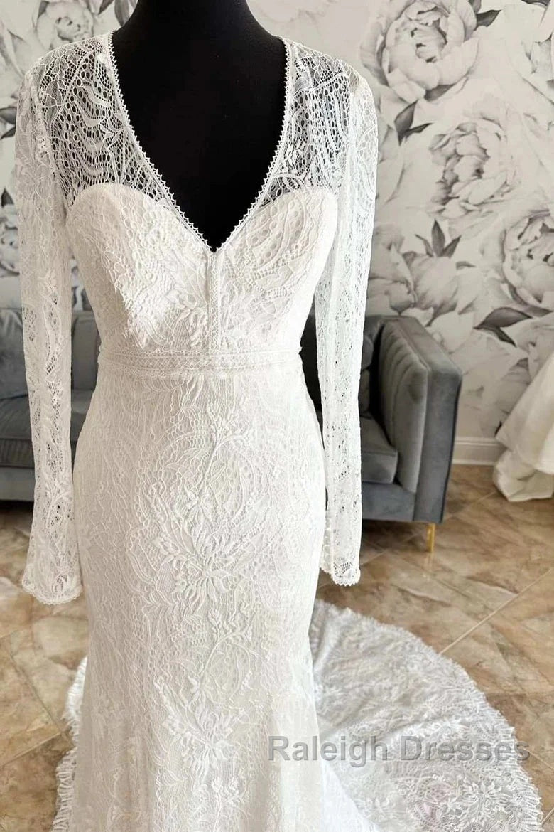 Lace V-Neck Lace-Up Back Long Sleeve Mermaid Wedding Dresses
