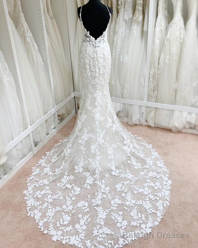 Lace V Neck Mermaid Wedding Dresses Open Back
