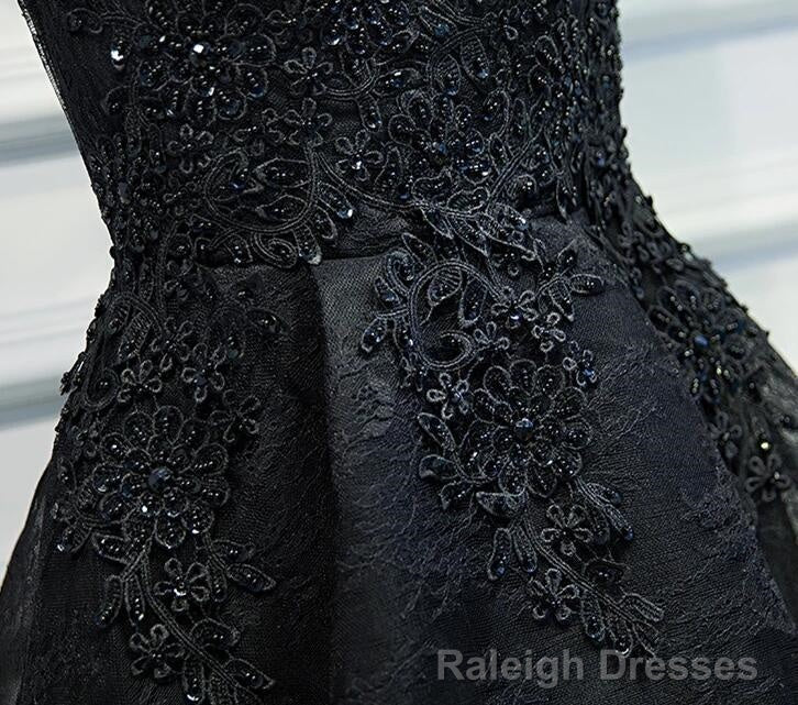 Lace V Neckline Short Black Lace Prom Dresses, Black Homecoming Dresses