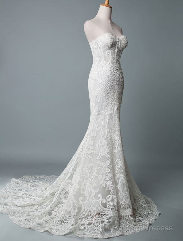 Lace Wedding Dresses Mermaid Sweetheart Strapless Sleeveless Floor Length With Train Bridal Dress