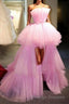 Latest High Low A-line Strapless Tulle Pink Formal Prom Dresses