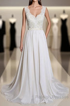 Latest Long A-line V-neck Lace Chiffon Wedding Dress