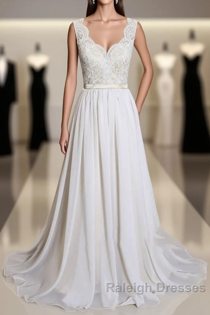 Latest Long A Line V Neck Lace Chiffon Wedding Dresses Main image