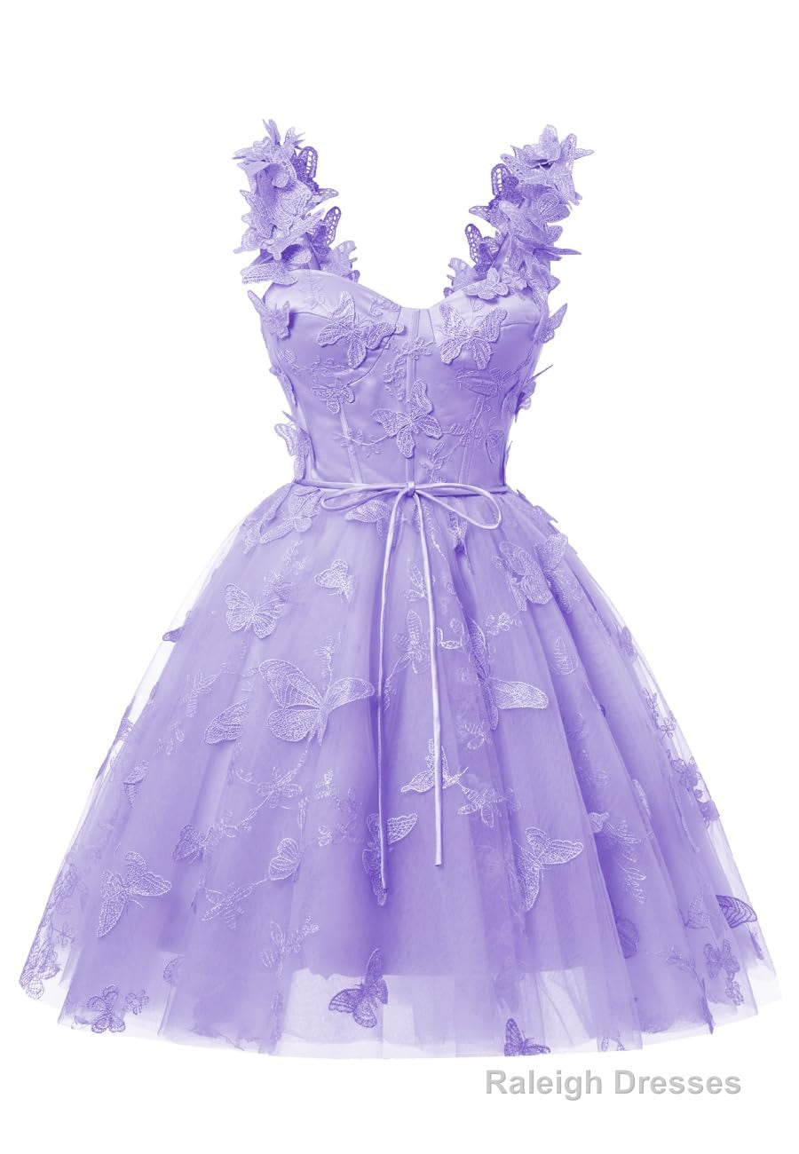 Lavender 3D Butterfly Lace Applique Tulle Homecoming Dress for Teens Sweetheart Mini Short Prom Dresses Main image