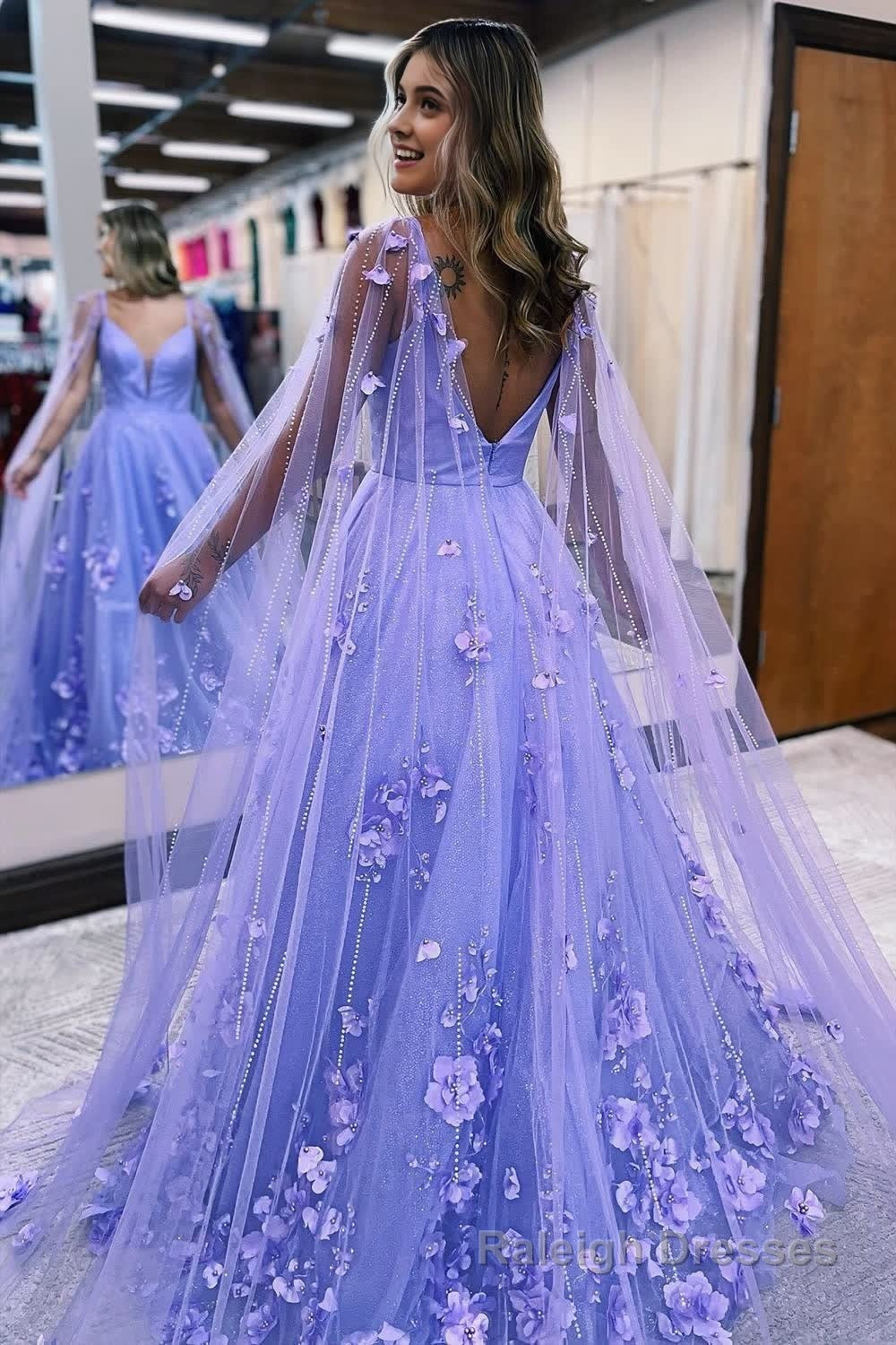 Lavender 3D Floral Lace A Line Prom Dress with Cape Sleeves Secondary image