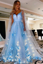 Lavender 3D Floral Lace A Line Prom Dress with Cape Sleeves