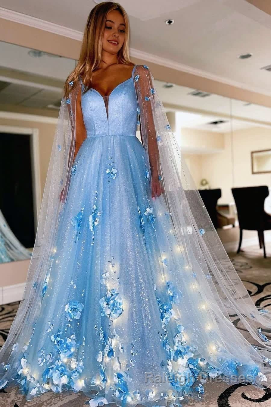 Lavender 3D Floral Lace A Line Prom Dress with Cape Sleeves
