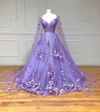 Lavender 3D Floral Lace A Line Prom Dress with Cape Sleeves