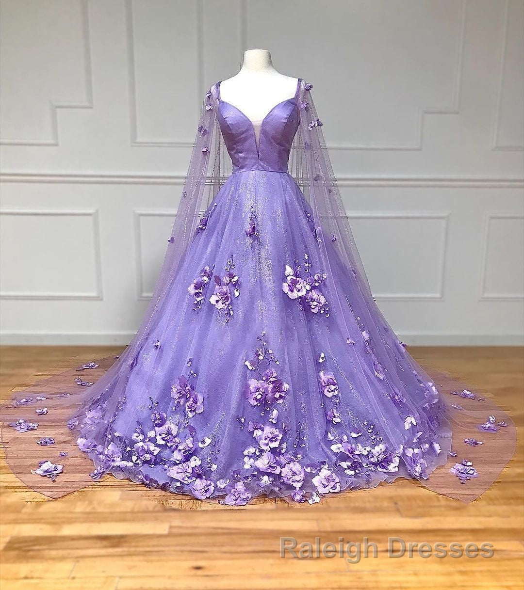 Lavender 3D Floral Lace A Line Prom Dress with Cape Sleeves