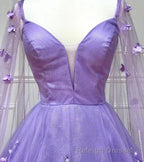 Lavender 3D Floral Lace A Line Prom Dress with Cape Sleeves