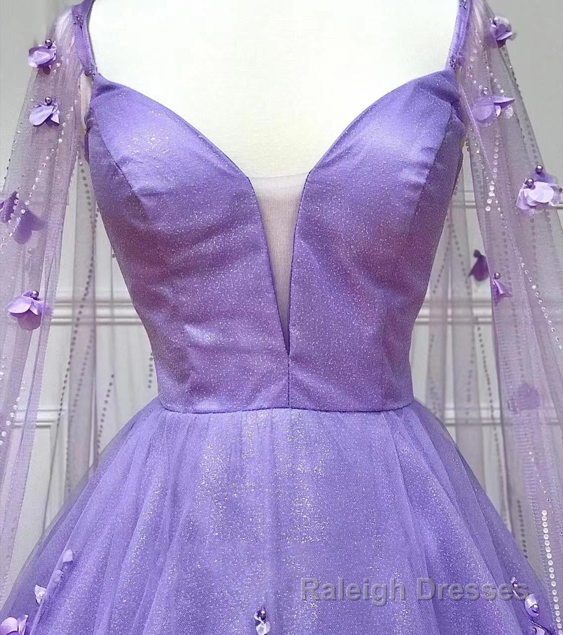 Lavender 3D Floral Lace A Line Prom Dress with Cape Sleeves