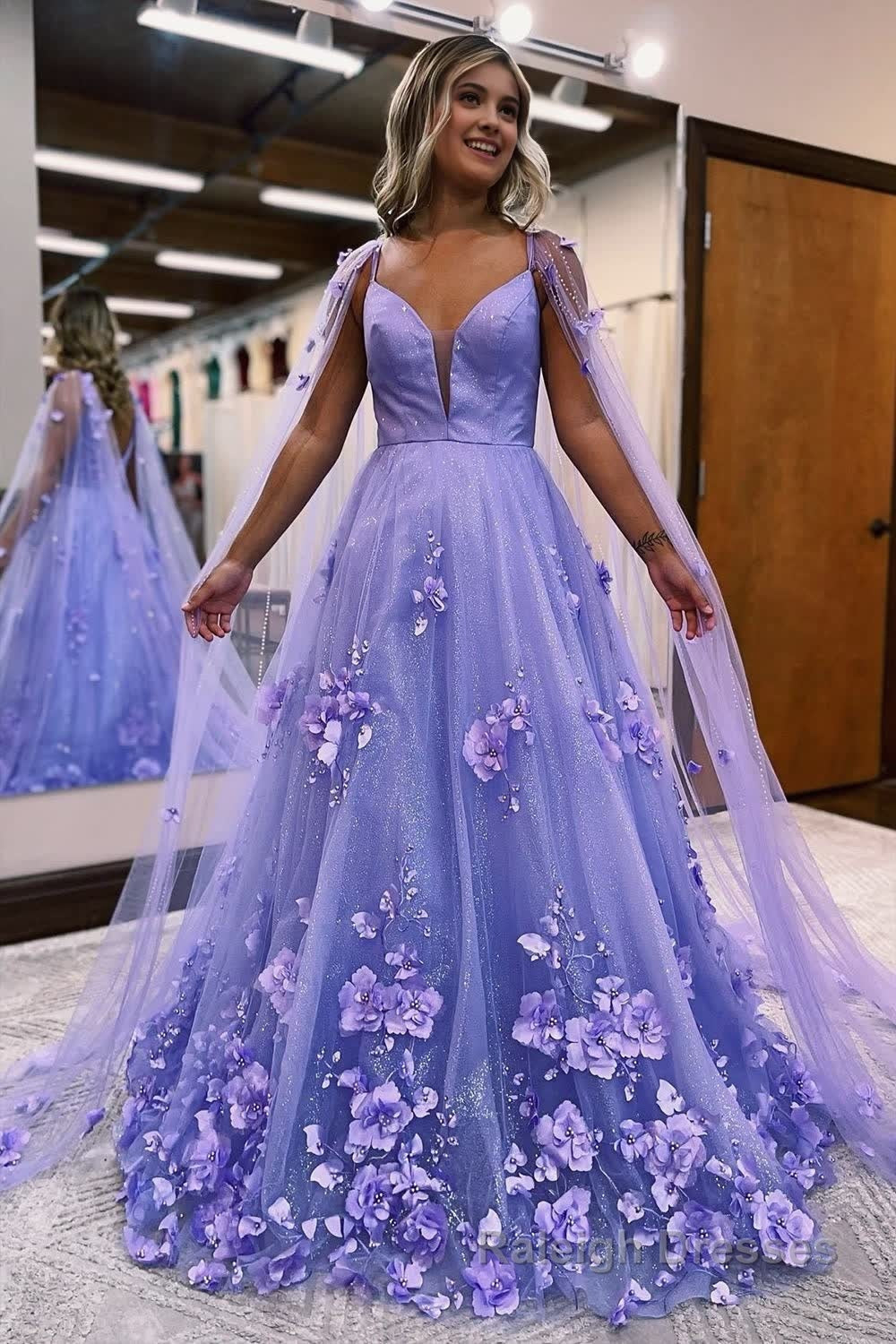 Lavender 3D Floral Lace A Line Prom Dress with Cape Sleeves