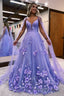 Lavender 3D Floral Lace A Line Prom Dress with Cape Sleeves