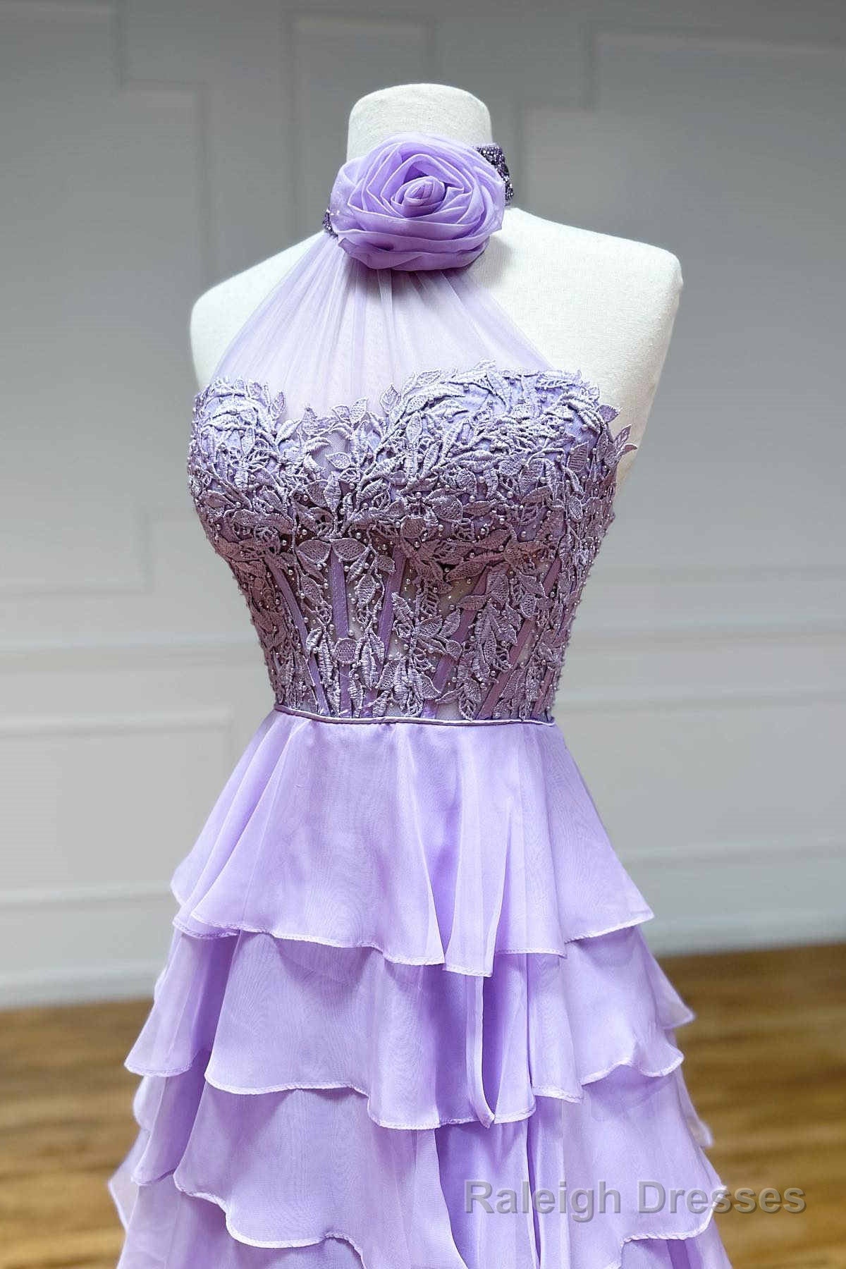 Lavender A line High Neck Tiered Chiffon Prom Dress with 3D Flower Secondary image