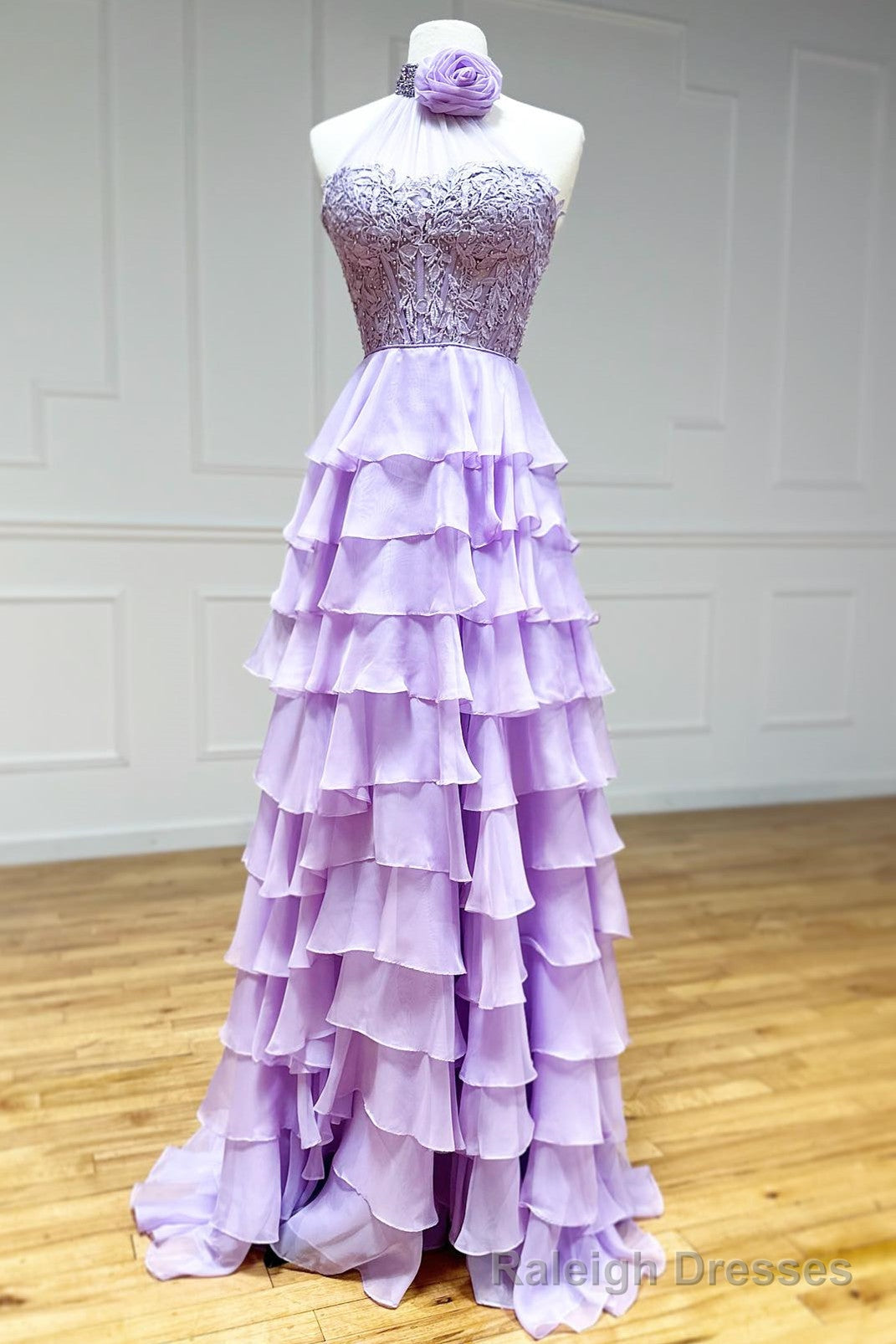 Lavender A line High Neck Tiered Chiffon Prom Dress with 3D Flower
