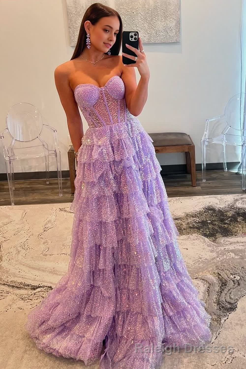 Lavender A-Line Sweetheart Sequins Long Prom Dresses With Split Secondary image