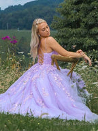 Lavender Applique Tulle Long Prom Dresses, Purple Lace Graduation Dresses Formal Gown