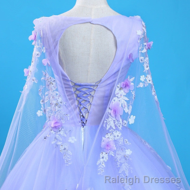 Lavender Flowers Round Neckline Party Dress, Sweet 16 Gown