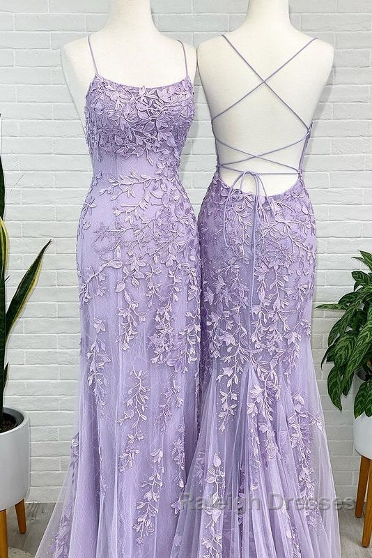 Lavender Lace Corset Prom Dress Mermaid Scoop Prom Dresses With Beading