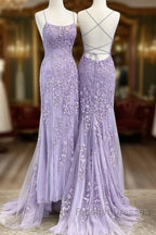 Lavender Lace Corset Prom Dress Mermaid Scoop Prom Dresses With Beading