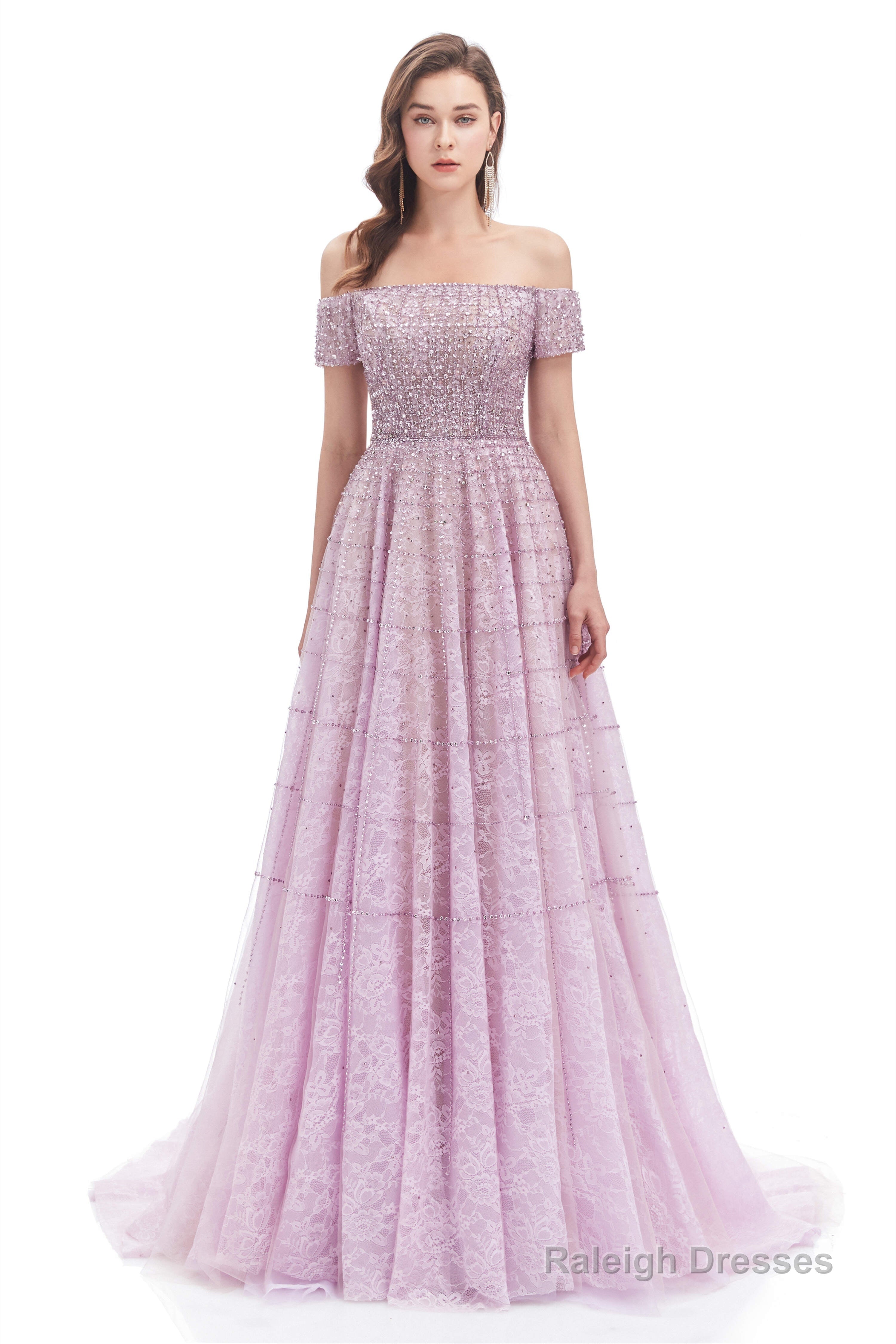 Lavender Lace Off the Shoulder Beaded Sequins Sweep-Train A-Line Prom Dresses Main image