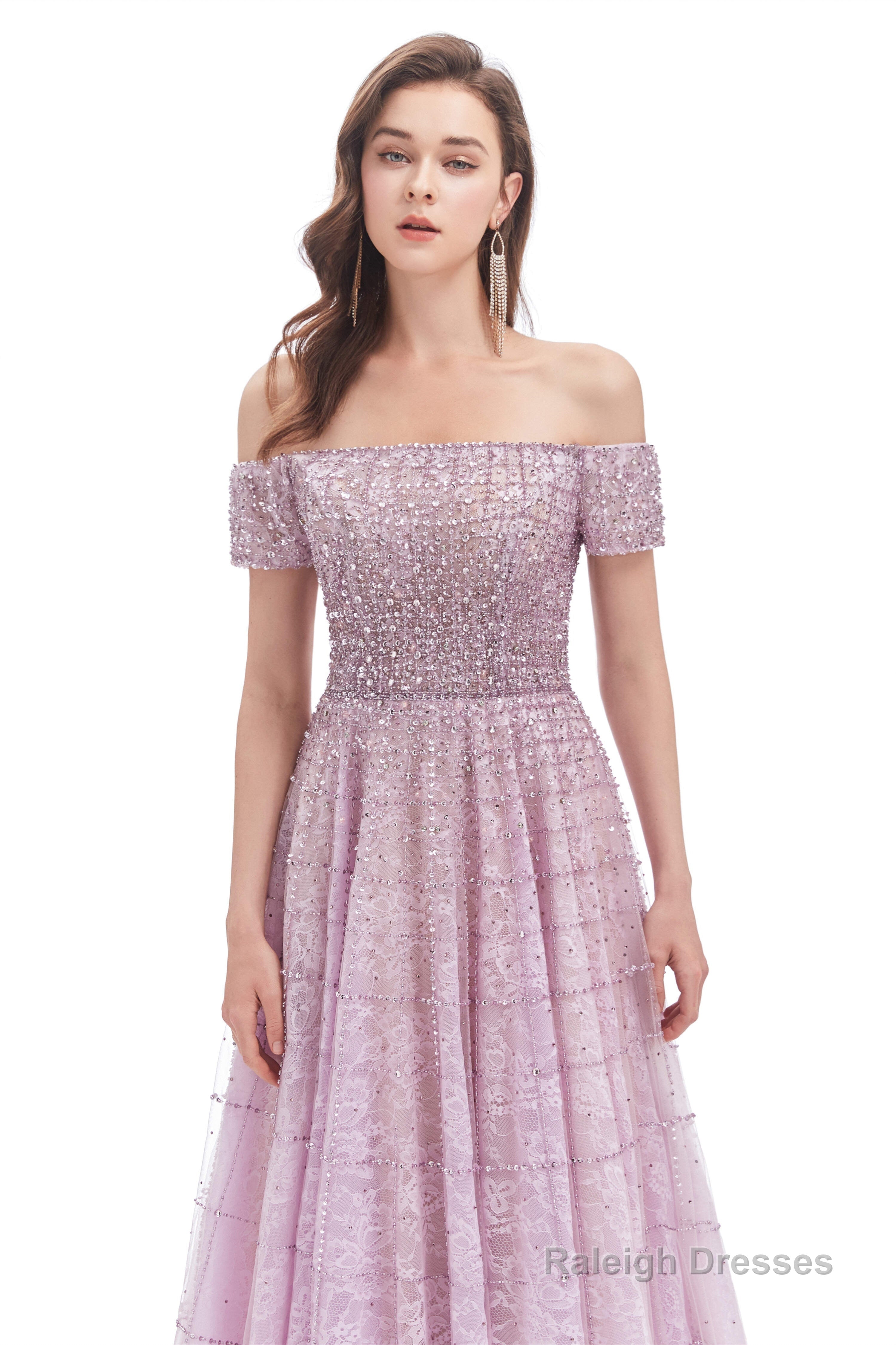 Lavender Lace Off the Shoulder Beaded Sequins Sweep-Train A-Line Prom Dresses
