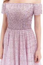Lavender Lace Off the Shoulder Beaded Sequins Sweep-Train A-Line Prom Dresses