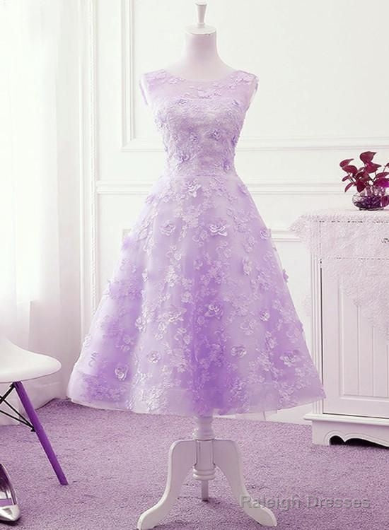 Lavender Lace Tea Length Wedding Party Dress, Vintage Style Homecoming Dress Main image