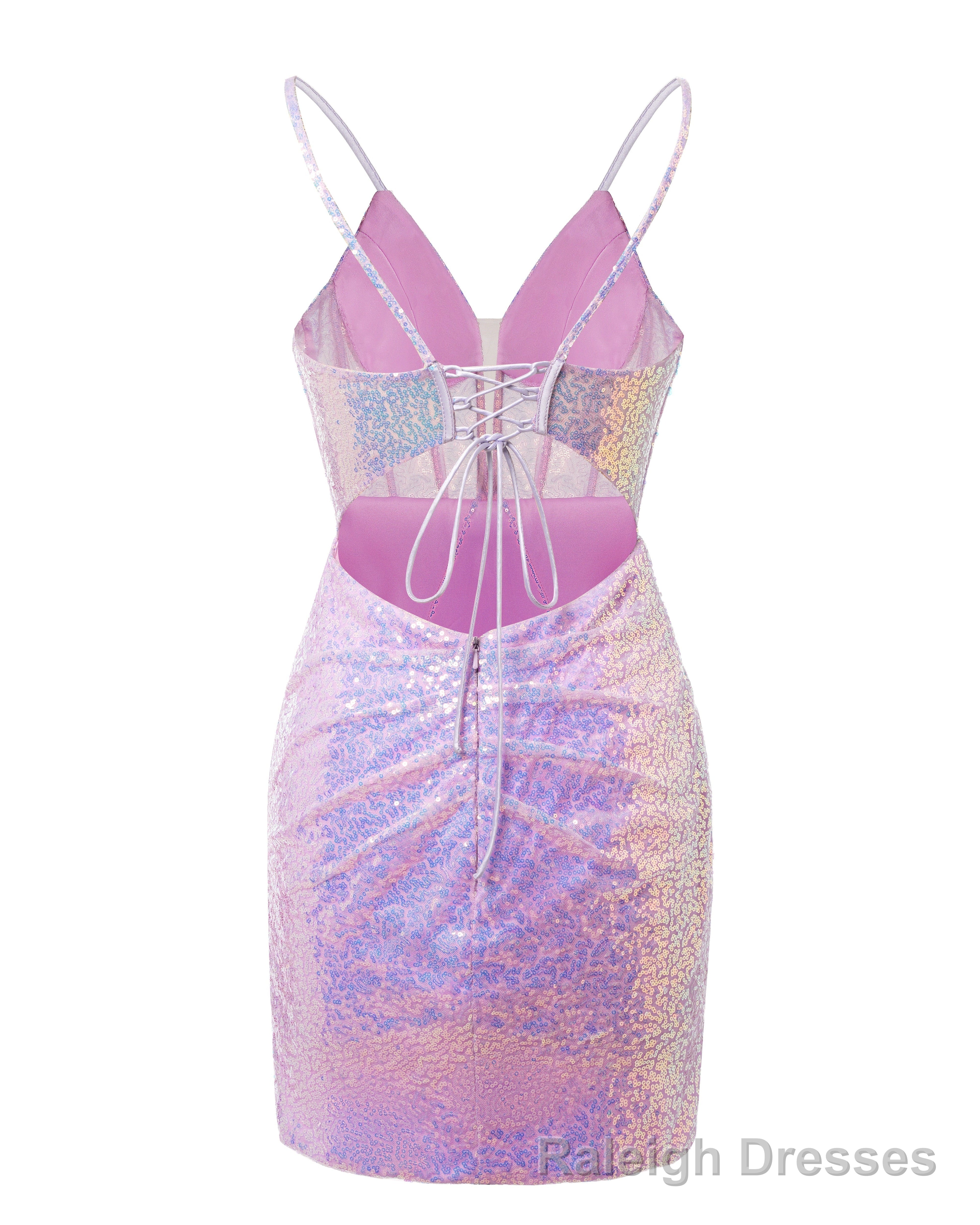 Lavender Lace-Up Plunging V Neck Sequins Sheath Homecoming Dress With Split Front Short Prom Dresses