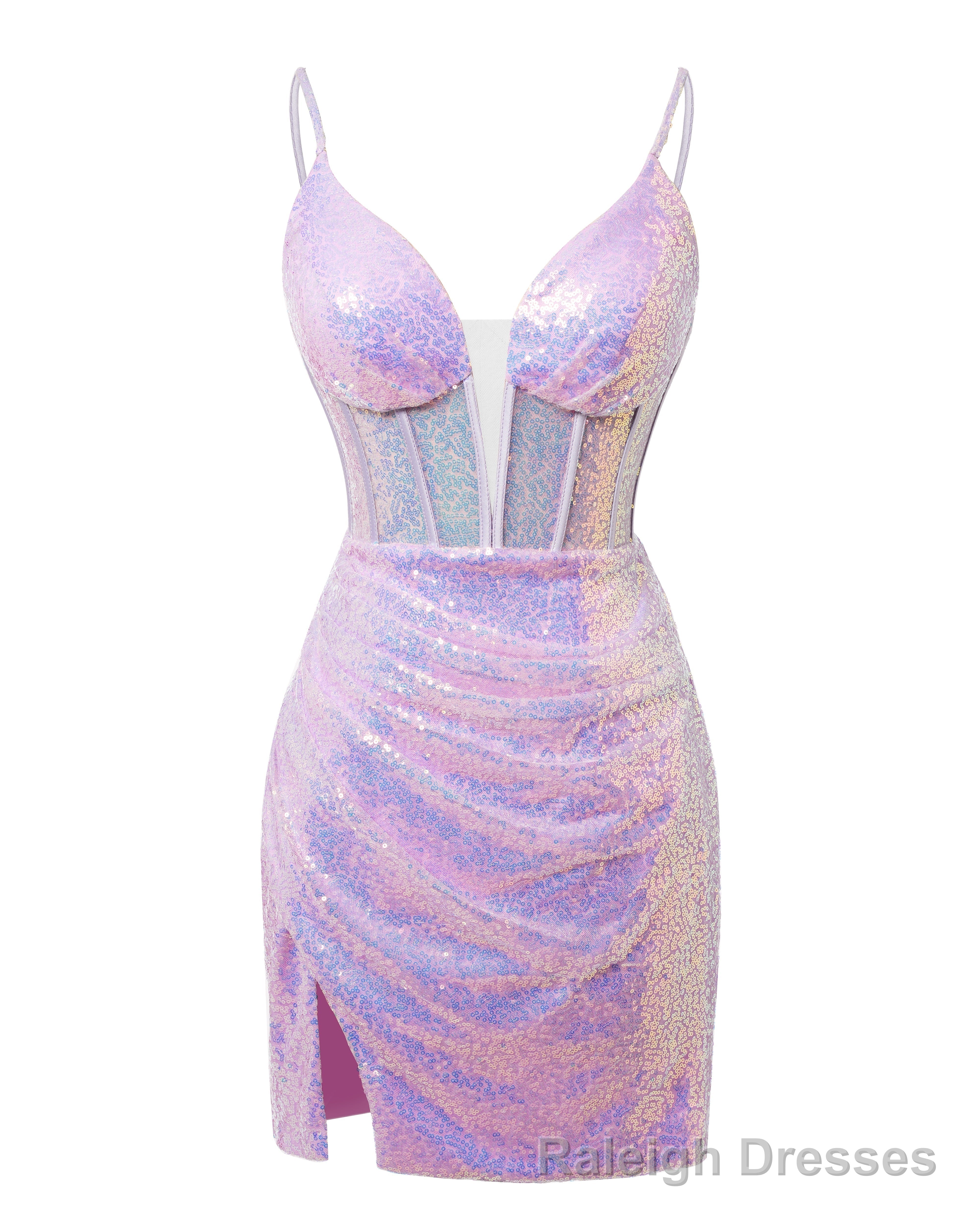 Lavender Lace-Up Plunging V Neck Sequins Sheath Homecoming Dress With Split Front Short Prom Dresses Main image