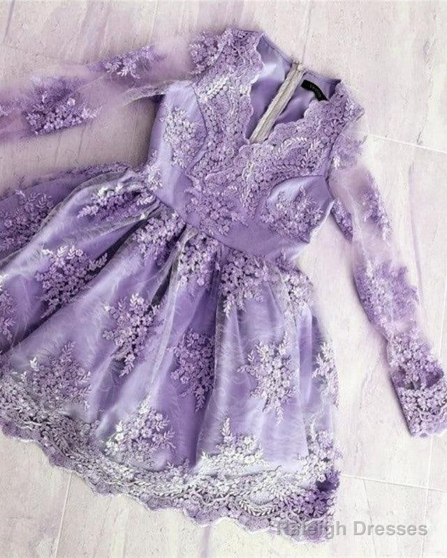 Lavender Long Sleeve Lace Homecoming Dresses Main image