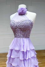 Lavender Long Tiered Violet Prom Dress Ruffle High Neck With 3D Flower