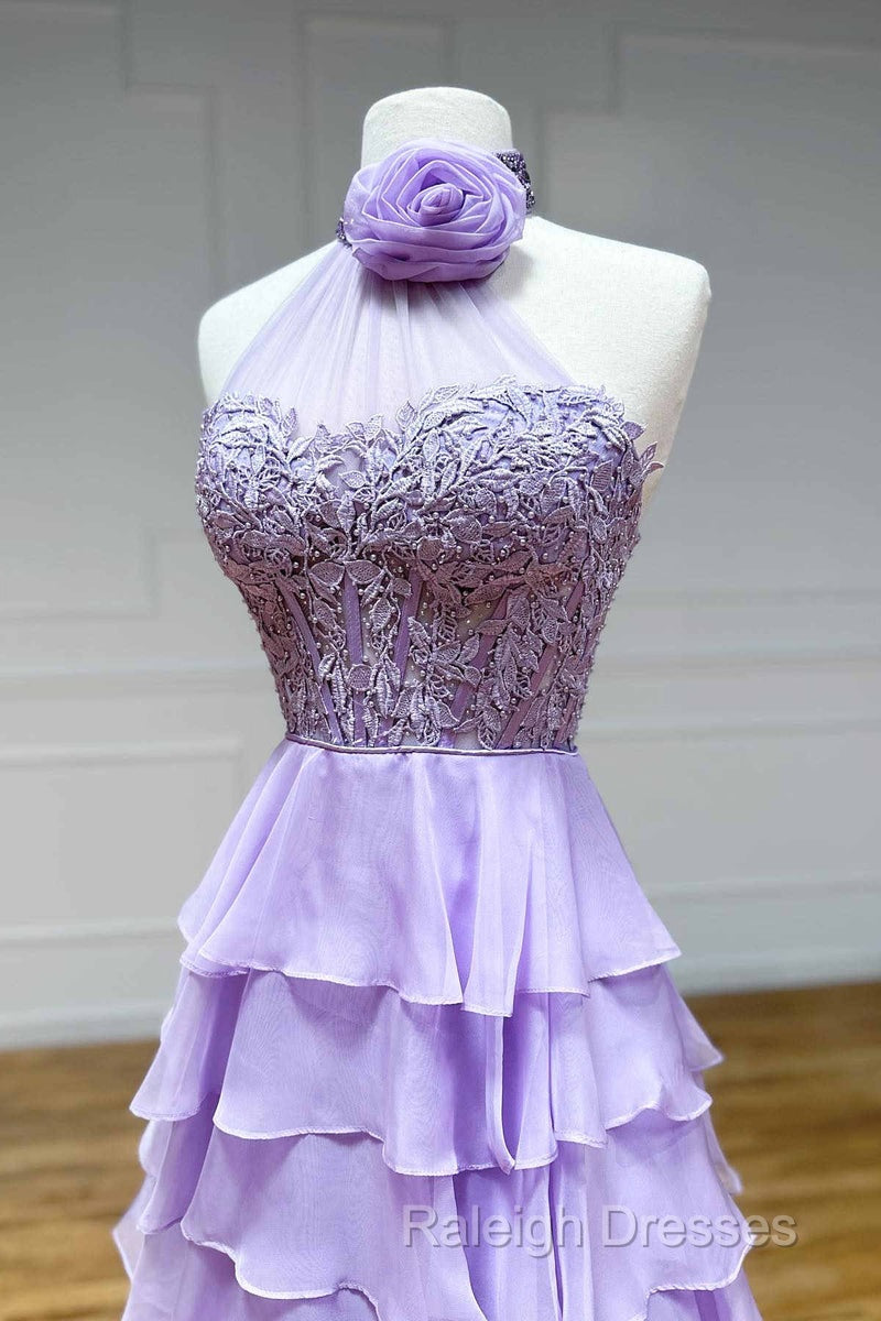 Lavender Long Tiered Violet Prom Dress Ruffle High Neck With 3D Flower