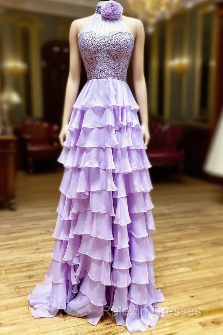 Lavender Long Tiered Violet Prom Dress Ruffle High Neck With 3D Flower Main image