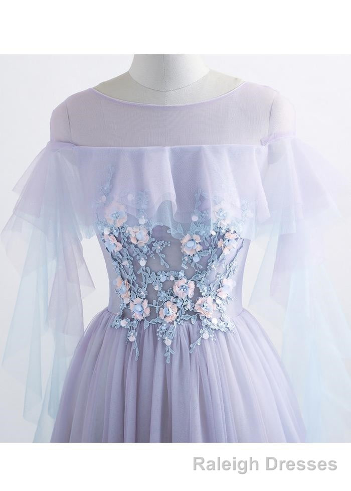 Lavender Off Shoulder Flower Lace Long Party Dress, A-line Purple Prom Dress Formal Dress