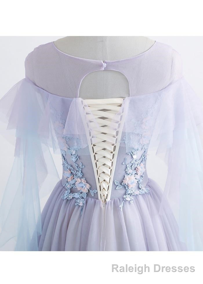 Lavender Off Shoulder Flower Lace Long Prom Dress, A Line Purple Prom Dress Formal Dress