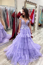 Lavender Off Shoulder Tiered Prom Dress with Lace
