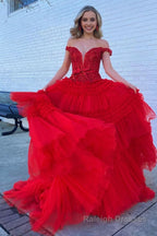 Lavender Off Shoulder Tiered Prom Dress with Lace