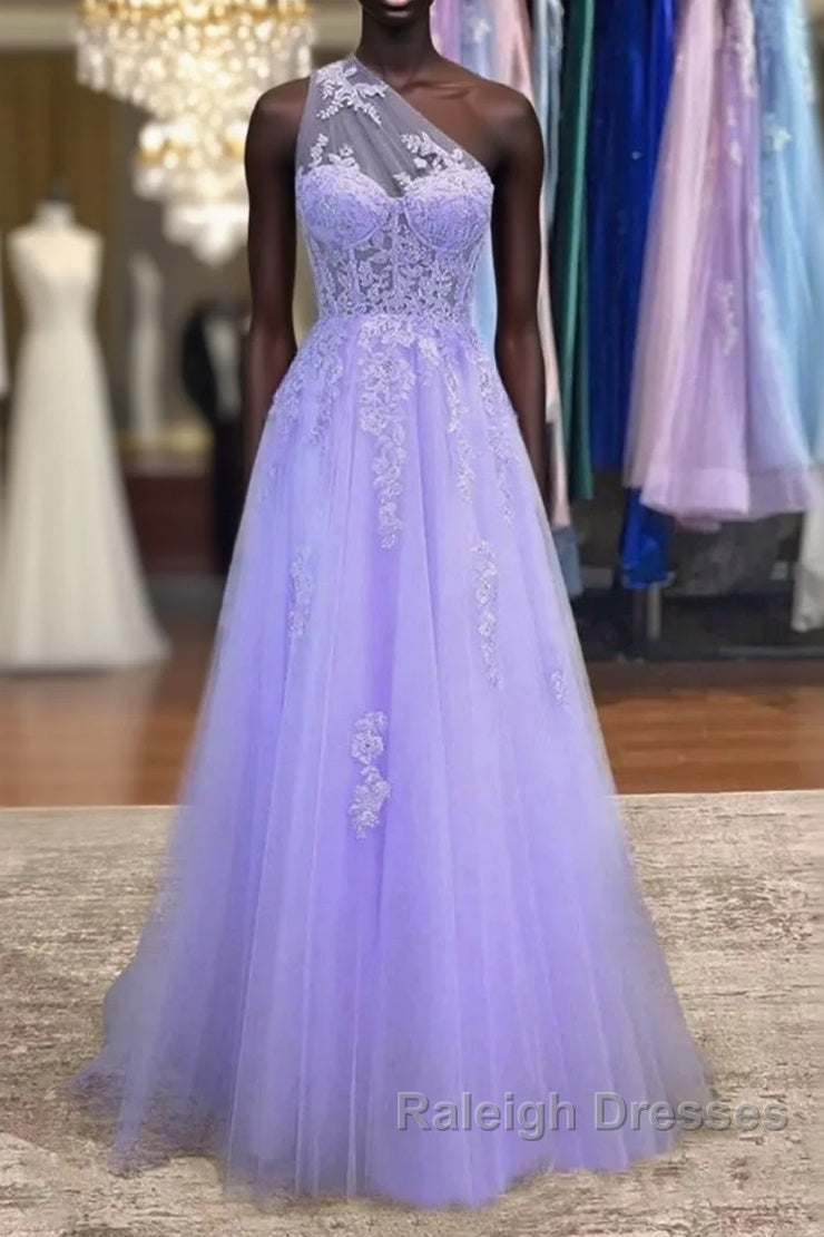Lavender One Shoulder Appliques Lace Prom Dresses Main image