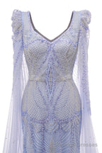 Lavender Prom Dresses Mermaid Heavily Beading Tulle Women Luxury Evening Dresses With Long Sleeves