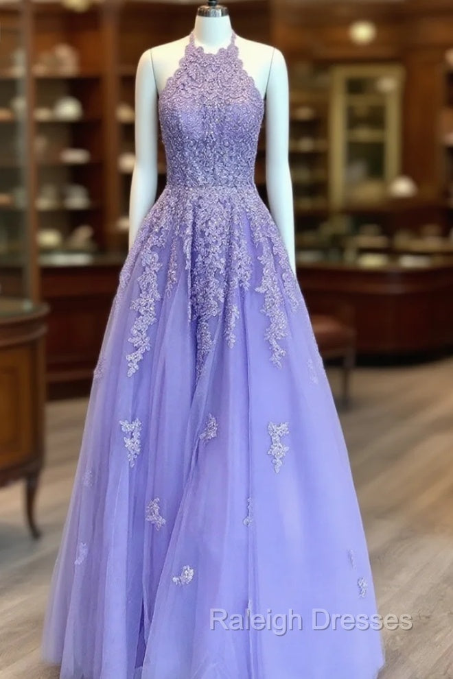 Lavender Prom Dresses, Princess Halter Long/Floor-Length Lace Tulle Prom Dress With Appliqued Beading