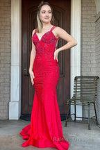 Lavender Rhinestone Spaghetti Straps Mermaid Prom Dress