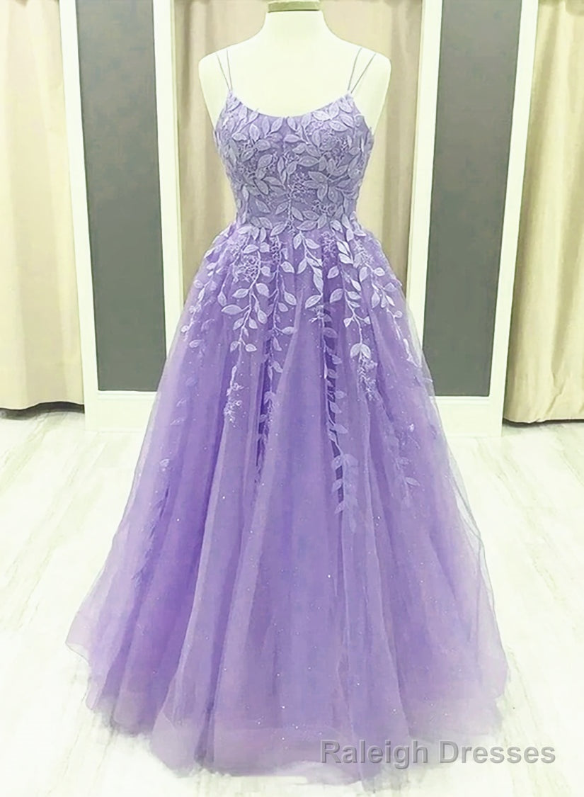 Lavender Spaghetti-Straps Lace Appliques Tulle Floor Length, Lavender A-Line Prom Dress Main image