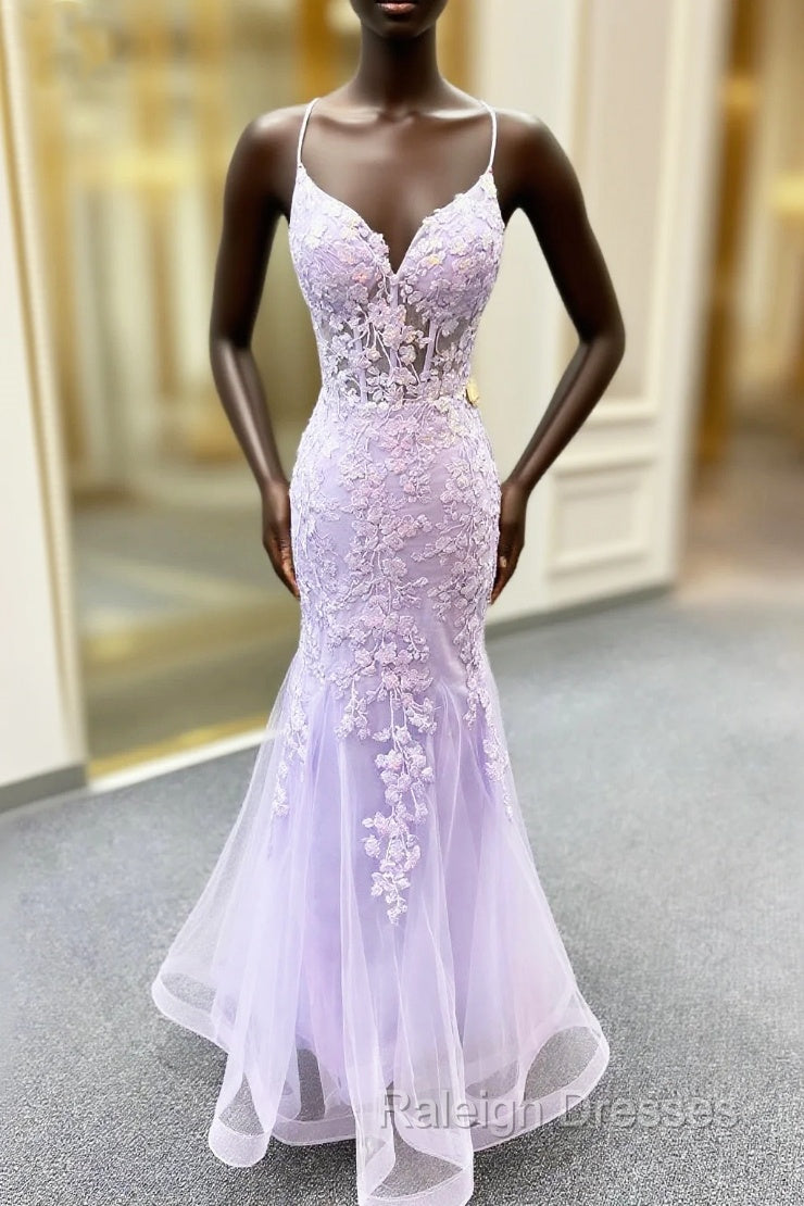 Lavender Spaghetti Straps Mermaid Prom Dress With Appliques Main image