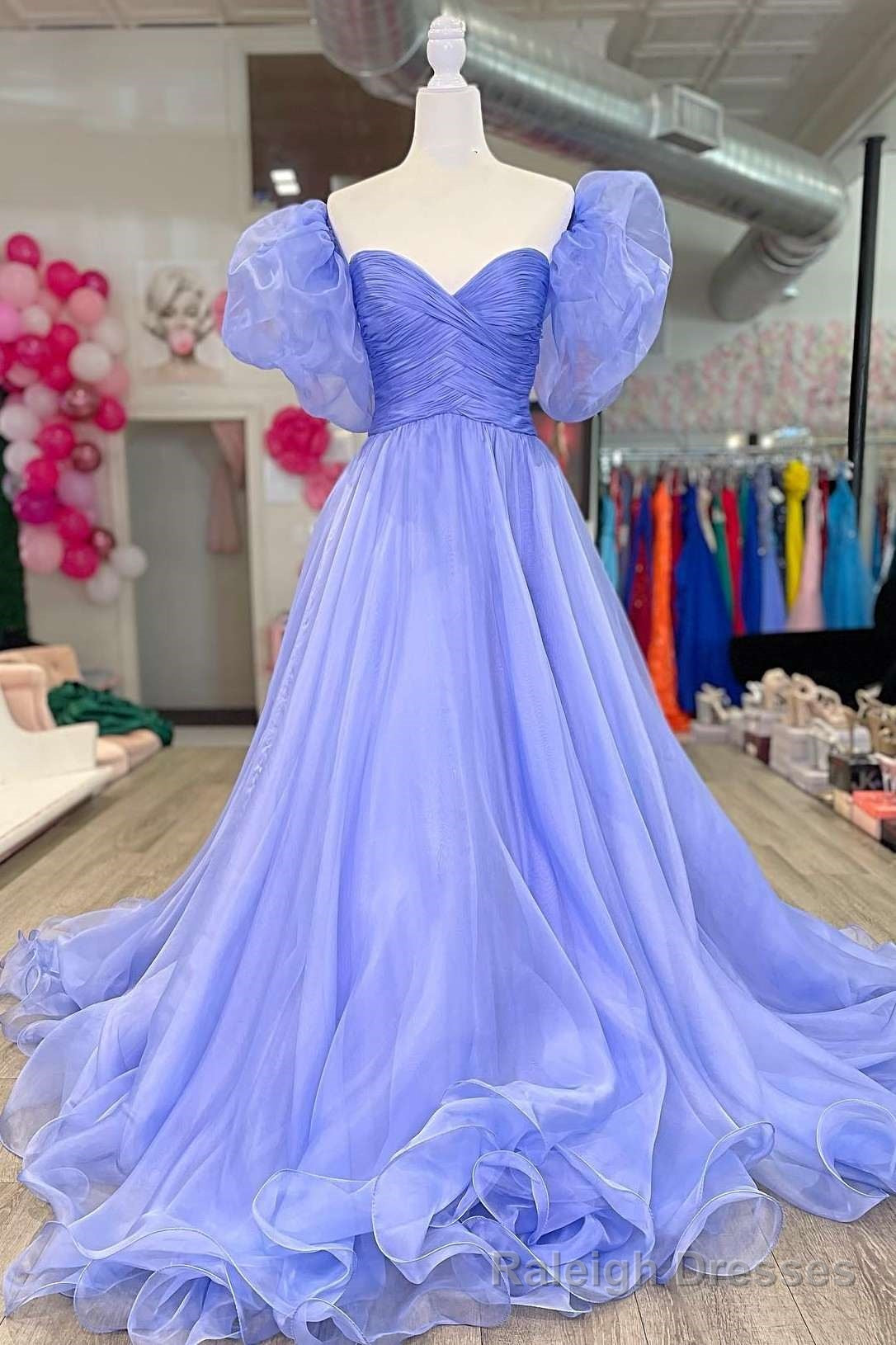 Lavender Strapless A Line Organza Court Train Prom Dress with Puff Sleeves