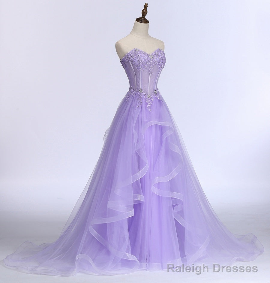 Lavender Sweetheart Tulle A-Line Lace Applique Prom Dresses Beautiful Sweet 16 Dresses