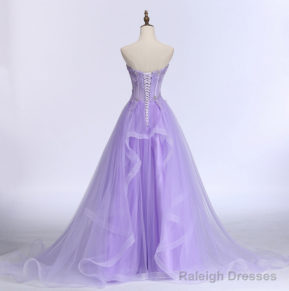 Lavender Sweetheart Tulle A-Line Lace Applique Prom Dresses Beautiful Sweet 16 Dresses