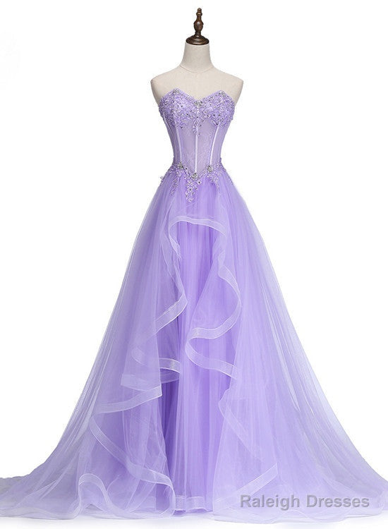 Lavender Sweetheart Tulle A-Line Lace Applique Prom Dresses Beautiful Sweet 16 Dresses